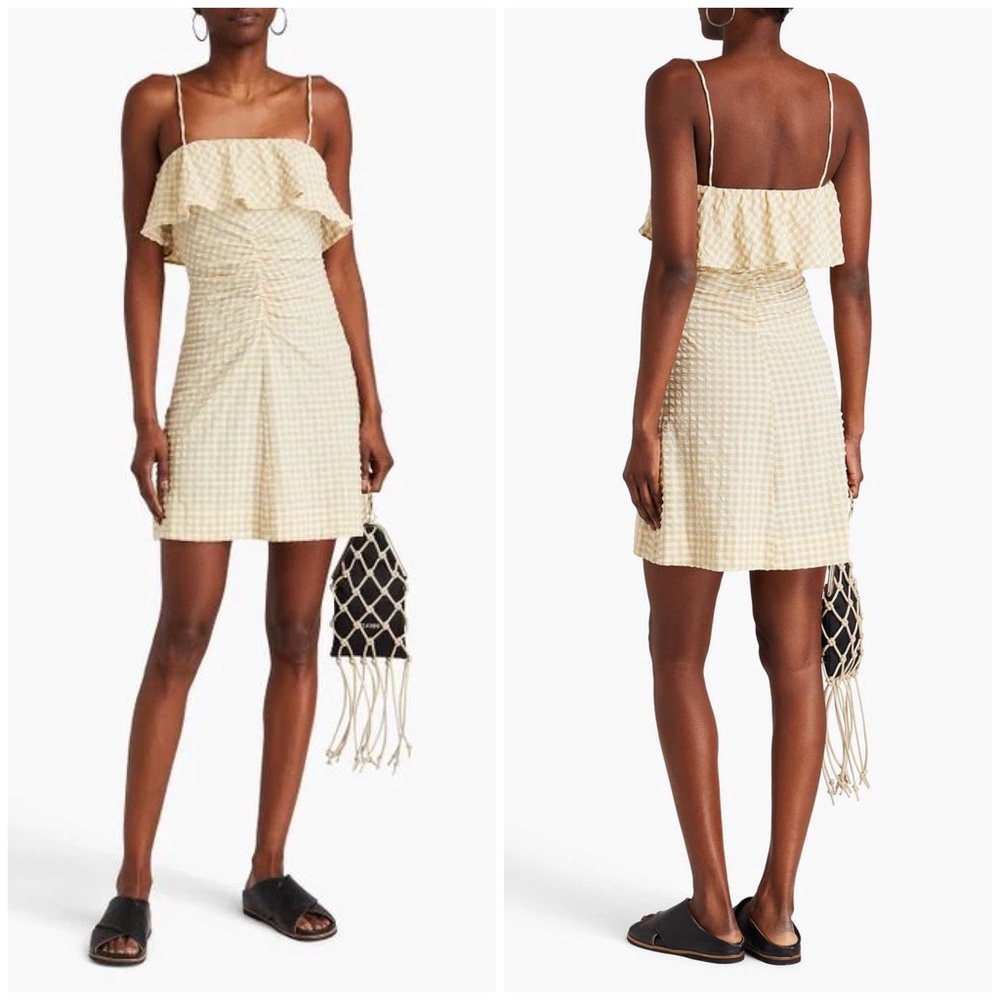 NEW Ganni Natural Ruched Gingham Seersucker Motif Mini Dress EU 44